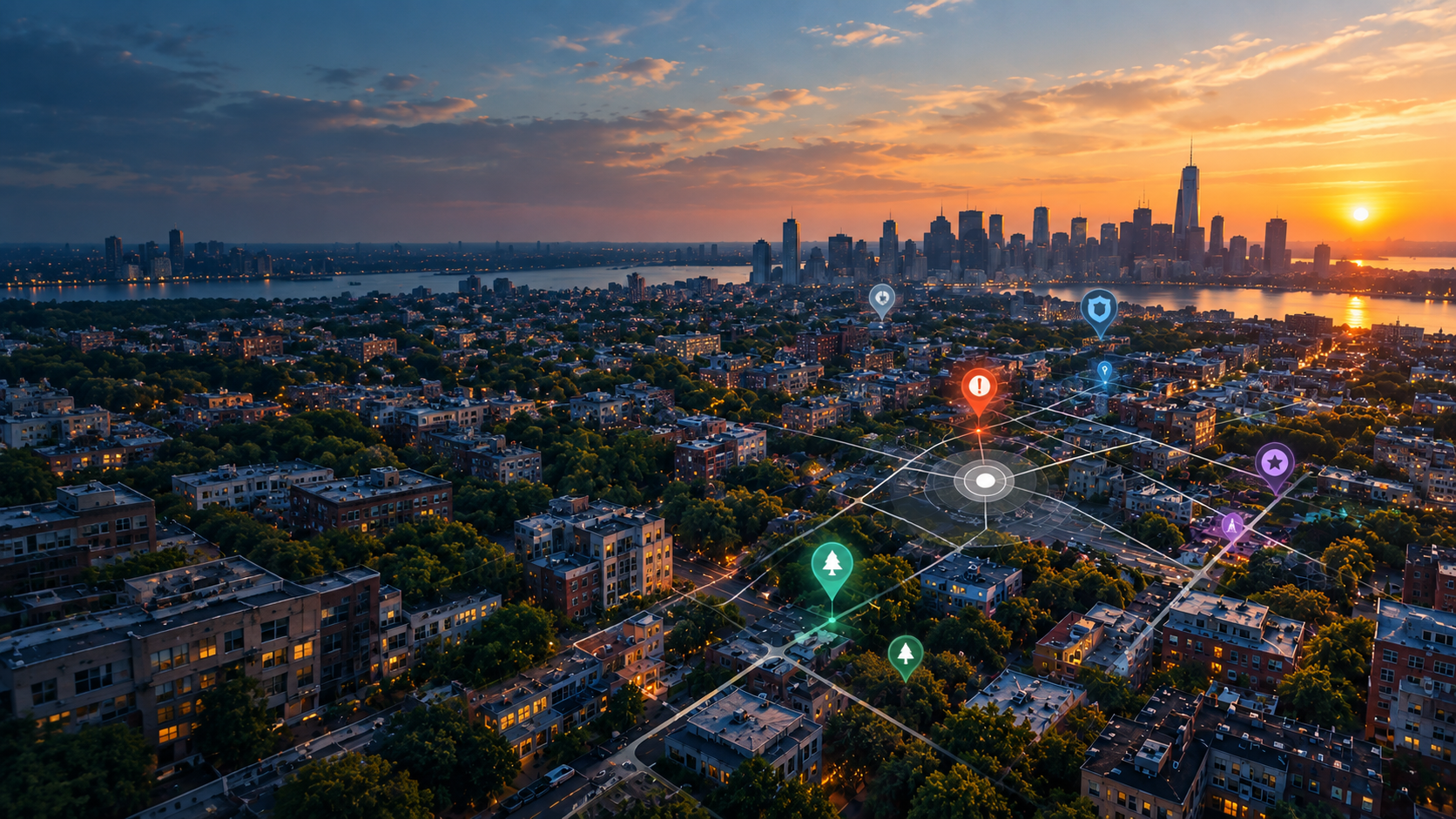 City at sunset with map pins marking incidents, hazards, and points of interest